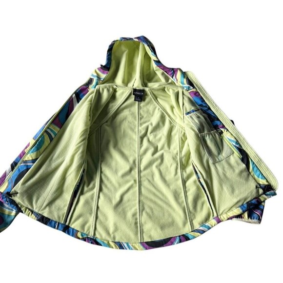 Athleta Womens Sz S Purple Blue Yellow Swirl Zip Hooded Fleece Lined Jacket - Picture 14 of 15